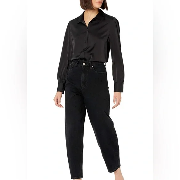 The Drop •Women's @Lucyswhims Black Long-Sleeve Button-Down Stretch Satin Top S - Picture 3 of 5
